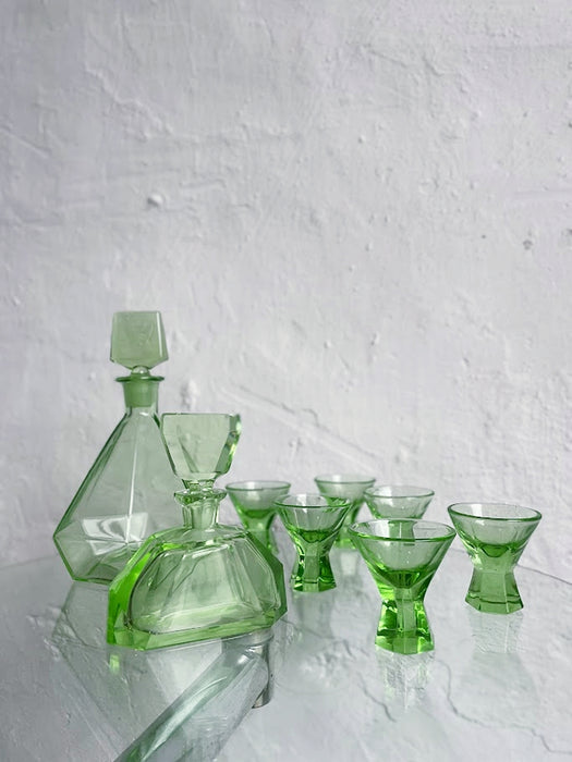 Green Glass Art Deco Liquor decanter set