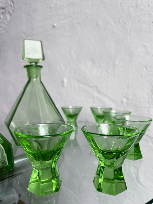 Green Glass Art Deco Liquor decanter set