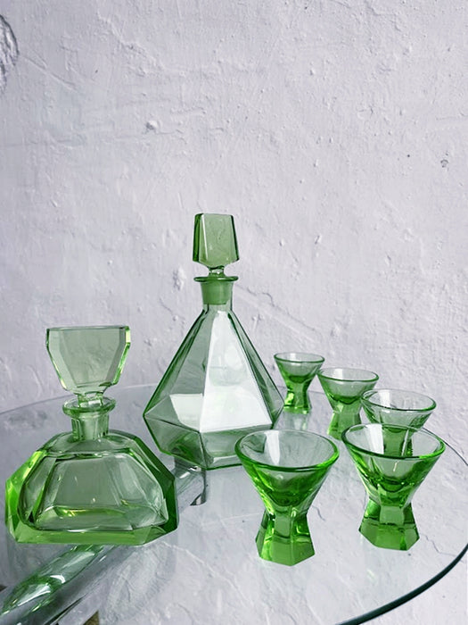 Green Glass Art Deco Liquor decanter set