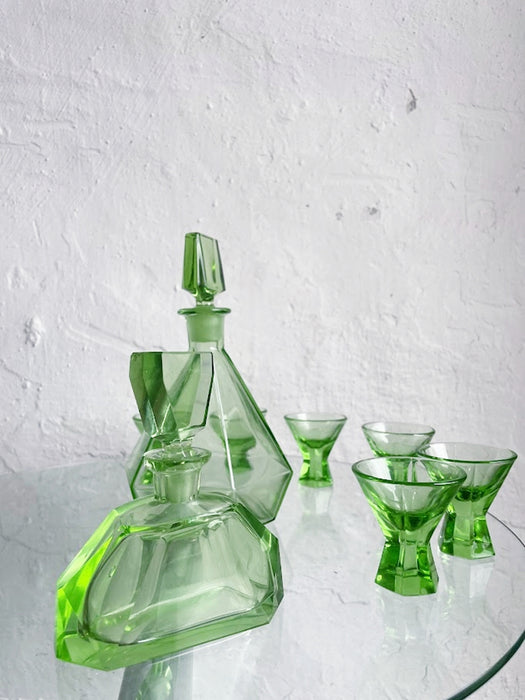 Green Glass Art Deco Liquor decanter set