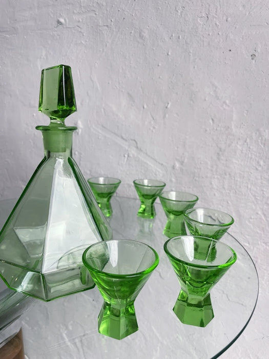 Green Glass Art Deco Liquor decanter set