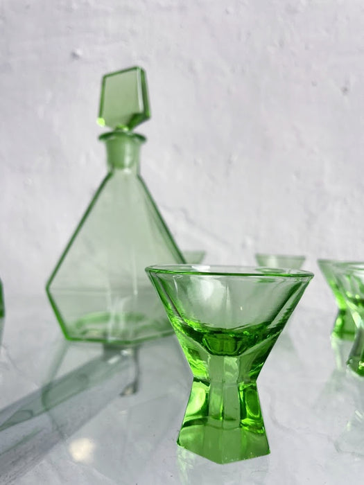 Green Glass Art Deco Liquor decanter set