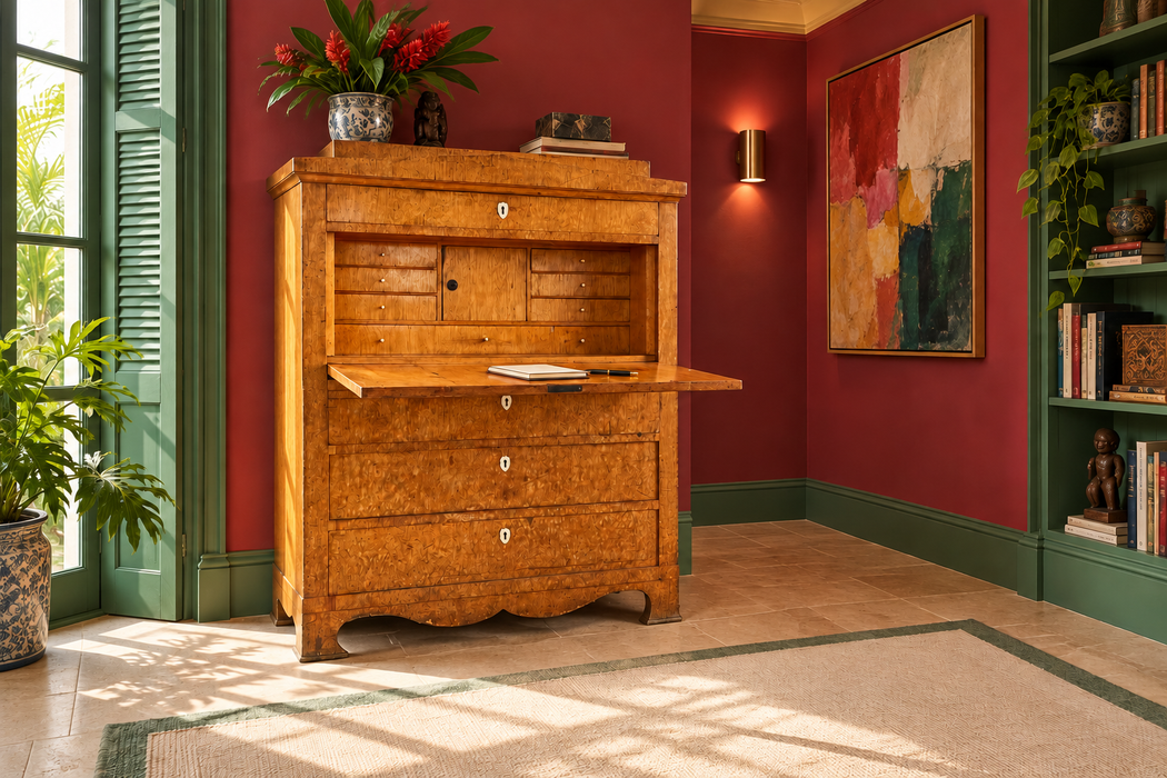 Biedermeier writing secretaire featuring clean architectural lines and a beautiful honey-toned veneer surface.