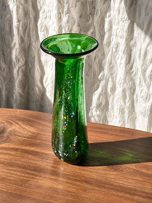 Vintage Modern Free-Form Green Art Glass Vase Budveszel Gyula Hungary 1990s