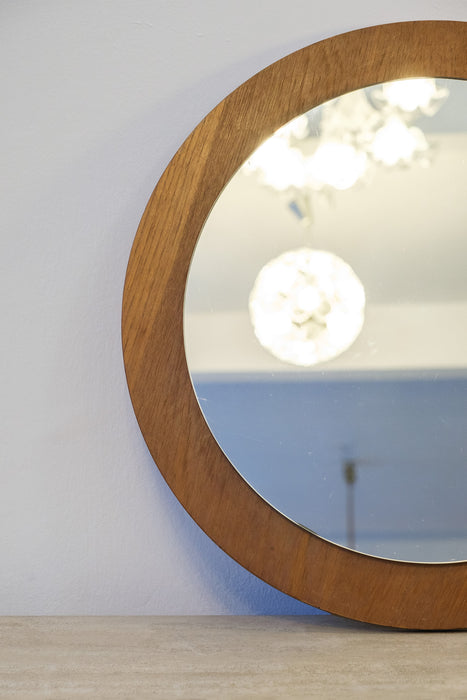 Vintage Danish mid-century teak round wall mirror