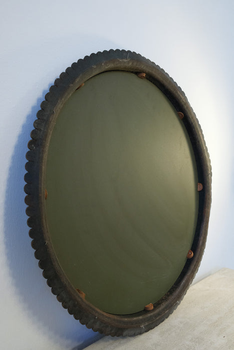 Embossed leather framed round wall mirror 1980's Hungary