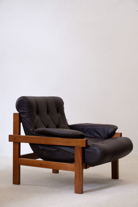 Vintage leather and hard-wood Armchair from Ipoly Design Furniture Manufacturer, Hungary