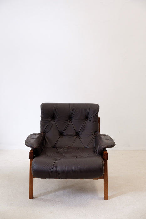 Vintage leather and hard-wood Armchair from Ipoly Design Furniture Manufacturer, Hungary