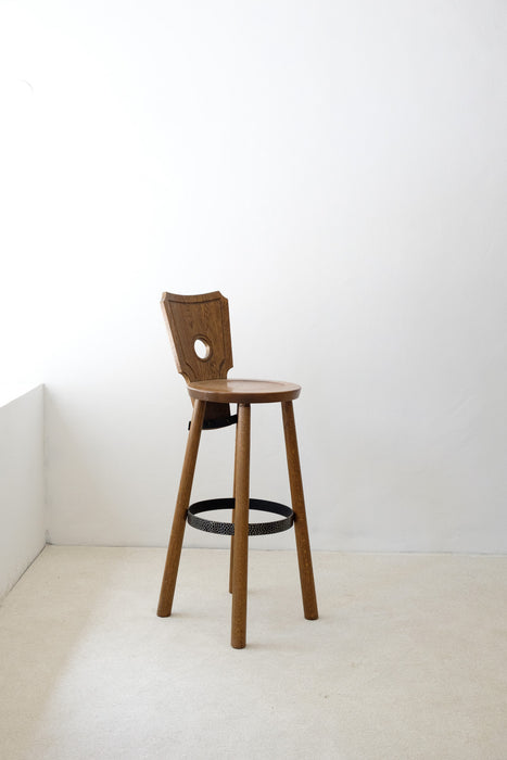 Set of 3 Brutalist  stained oak, brass, metal Bar Stools from France, 1960s