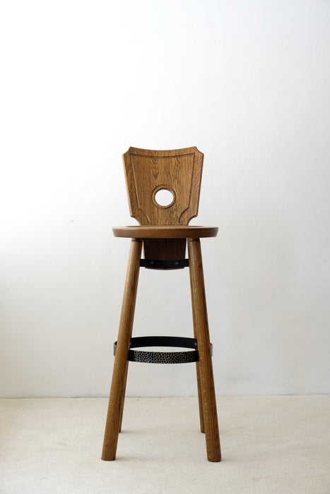 Set of 3 Brutalist  stained oak, brass, metal Bar Stools from France, 1960s