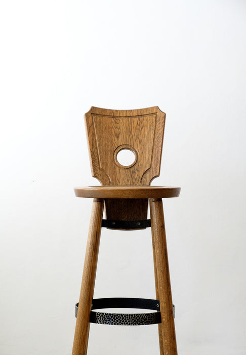 Set of 3 Brutalist  stained oak, brass, metal Bar Stools from France, 1960s