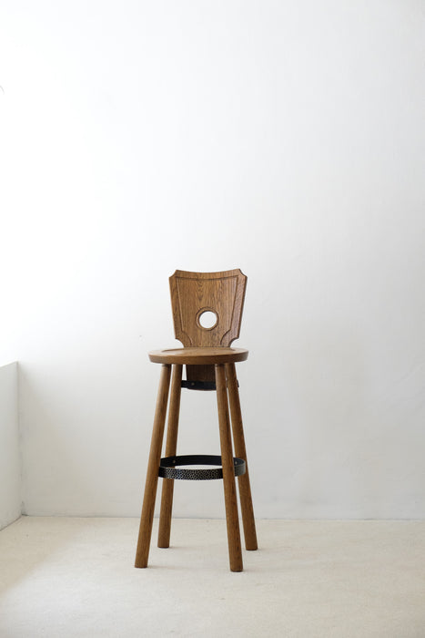 Set of 3 Brutalist  stained oak, brass, metal Bar Stools from France, 1960s