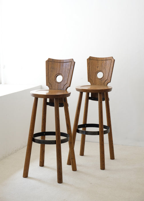 Set of 3 Brutalist  stained oak, brass, metal Bar Stools from France, 1960s