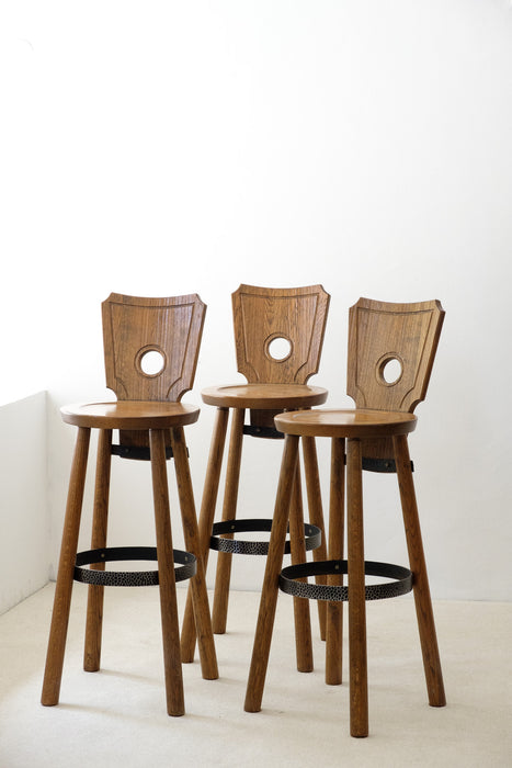 Set of 3 Brutalist  stained oak, brass, metal Bar Stools from France, 1960s