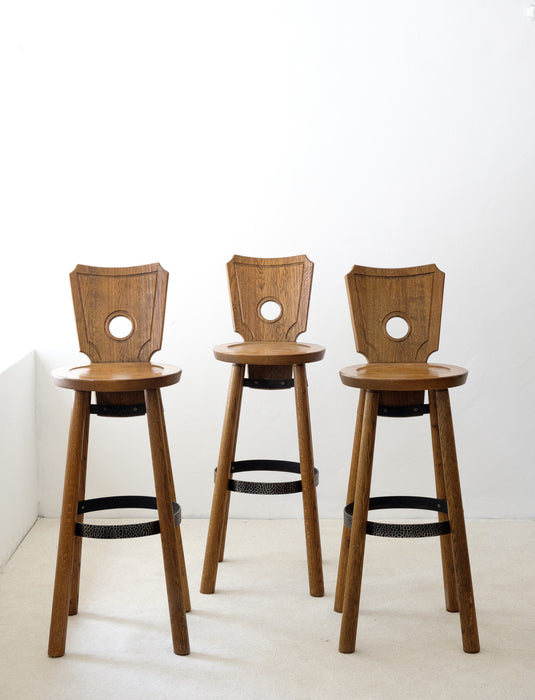 Set of 3 Brutalist  stained oak, brass, metal Bar Stools from France, 1960s