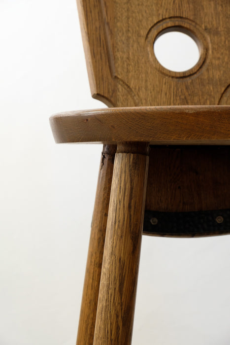 Set of 3 Brutalist  stained oak, brass, metal Bar Stools from France, 1960s