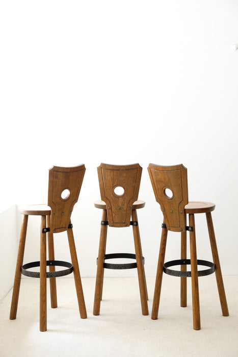 Set of 3 Brutalist  stained oak, brass, metal Bar Stools from France, 1960s