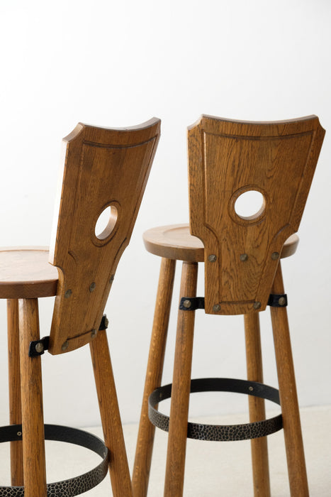 Set of 3 Brutalist  stained oak, brass, metal Bar Stools from France, 1960s