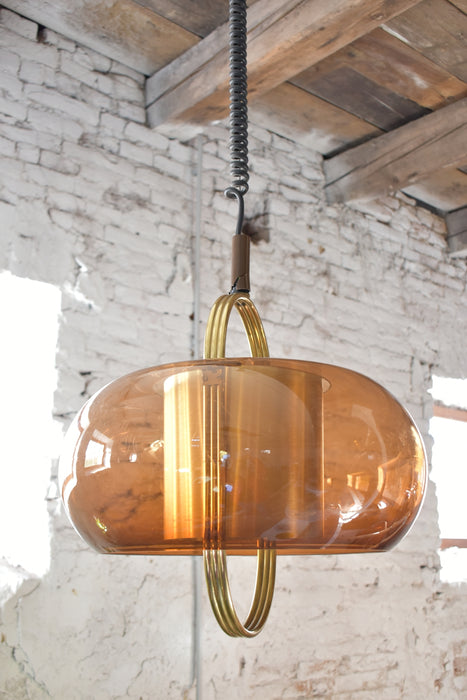 Brass and Smoked Glass Pendant Lamp by Temde Germany 1970s