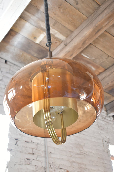 Brass and Smoked Glass Pendant Lamp by Temde Germany 1970s
