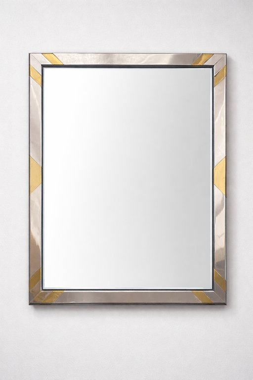  Faceted Wall Mirror in Steel and Brass, Geometric Mixed-Metal Frame 1970s