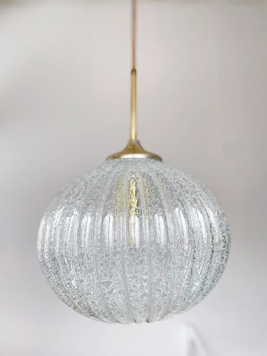 German DORIA Crackle Glass Pendant Lamp with Brass and Rope Suspension