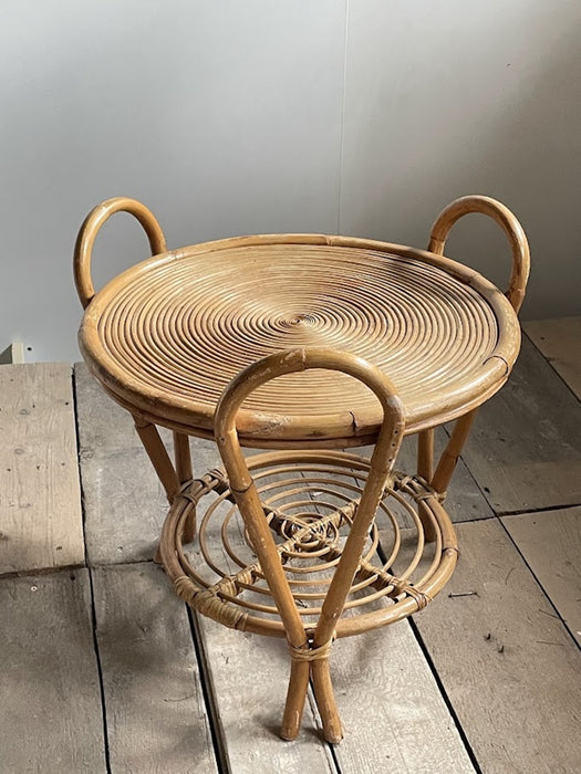 Vintage Sculptural Two-Tier Rattan Side Table with Loop Handles, Japan, 1970s