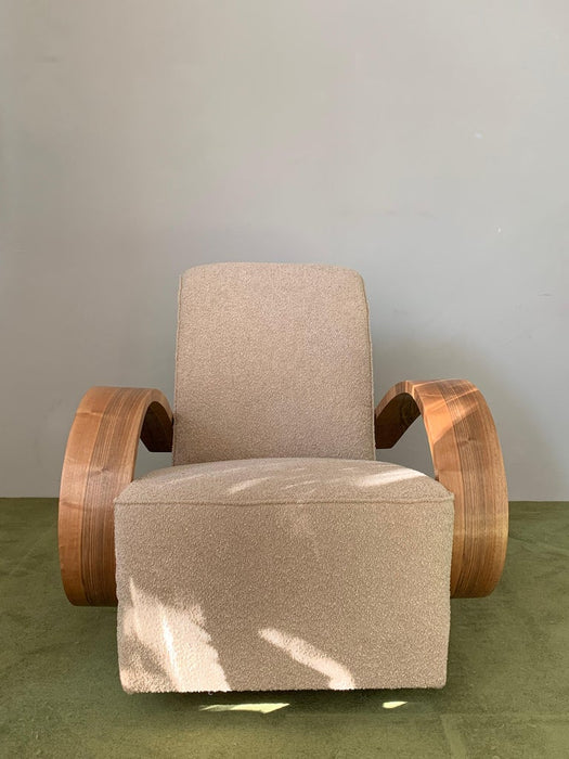 French Art-deco Armchair with Wooden Arm and Curly Taupe Fabric from 1930