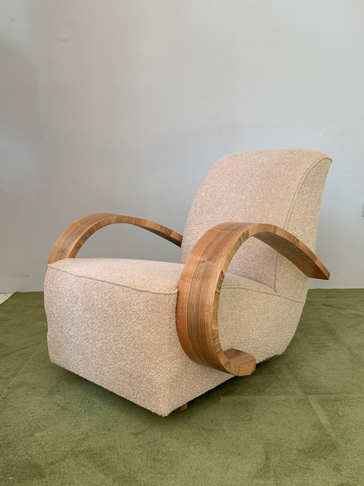 French Art-deco Armchair with Wooden Arm and Curly Taupe Fabric from 1930