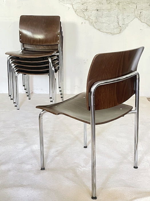 Kusch + Co Plywood and Chrome Stacking Chairs, Germany, 1970s