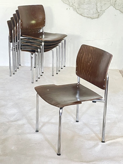 Kusch + Co Plywood and Chrome Stacking Chairs, Germany, 1970s