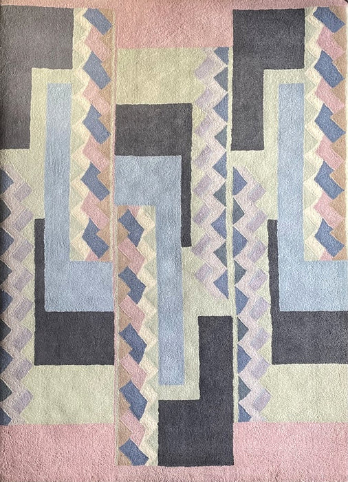 Tisca Geometric Pattern Hand-Tufted Wool Rug, Signed “ILES”, France, 1990s