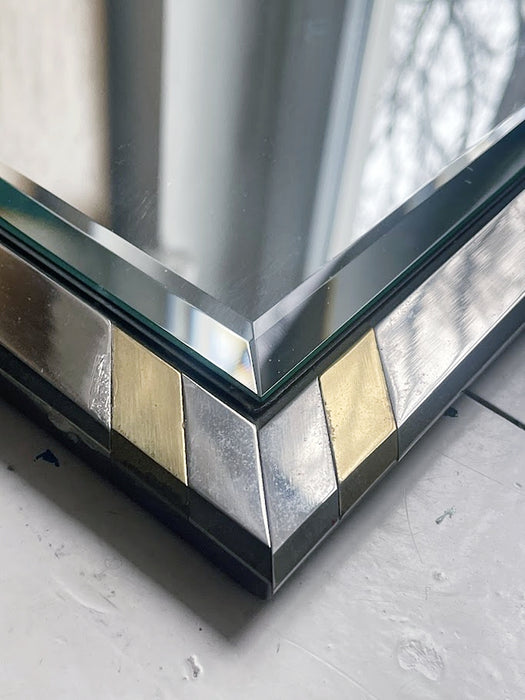  Faceted Wall Mirror in Steel and Brass, Geometric Mixed-Metal Frame 1970s
