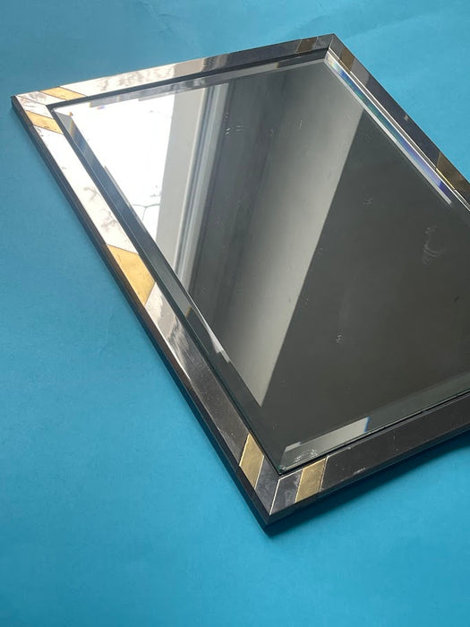  Faceted Wall Mirror in Steel and Brass, Geometric Mixed-Metal Frame 1970s