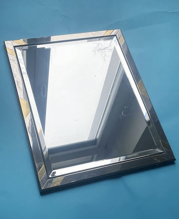  Faceted Wall Mirror in Steel and Brass, Geometric Mixed-Metal Frame 1970s