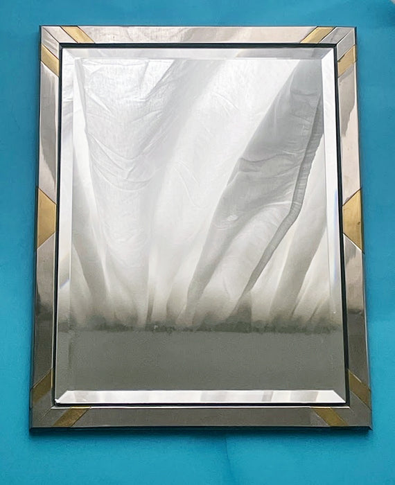  Faceted Wall Mirror in Steel and Brass, Geometric Mixed-Metal Frame 1970s