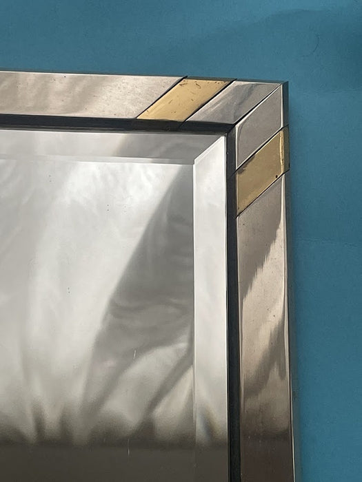  Faceted Wall Mirror in Steel and Brass, Geometric Mixed-Metal Frame 1970s