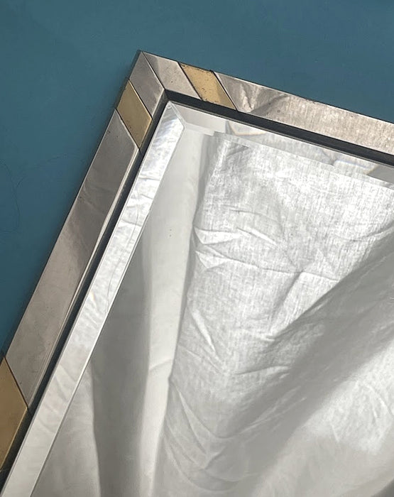  Faceted Wall Mirror in Steel and Brass, Geometric Mixed-Metal Frame 1970s