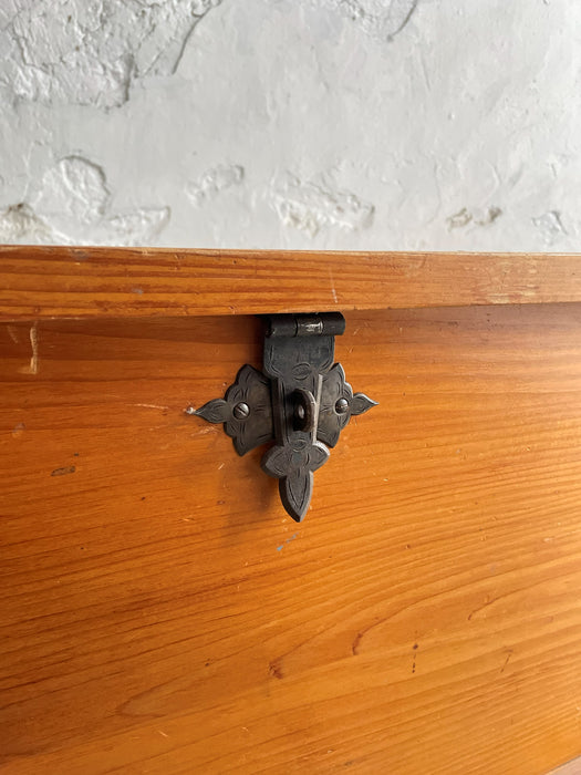 Swiss solid pine chest / holder with wrought iron fittings, Mid-20th Century