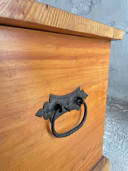 Swiss solid pine chest / holder with wrought iron fittings, Mid-20th Century