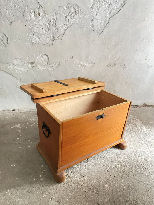 Swiss solid pine chest / holder with wrought iron fittings, Mid-20th Century