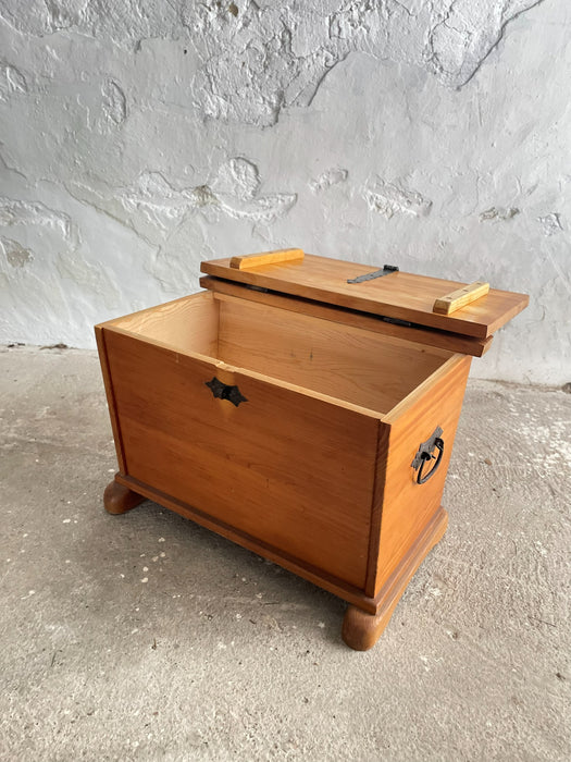 Swiss solid pine chest / holder with wrought iron fittings, Mid-20th Century