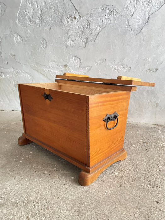 Swiss solid pine chest / holder with wrought iron fittings, Mid-20th Century