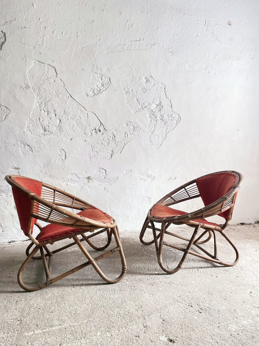 Rare Pair of Japanese Imaeda Rattan Lounge Chairs 1960s