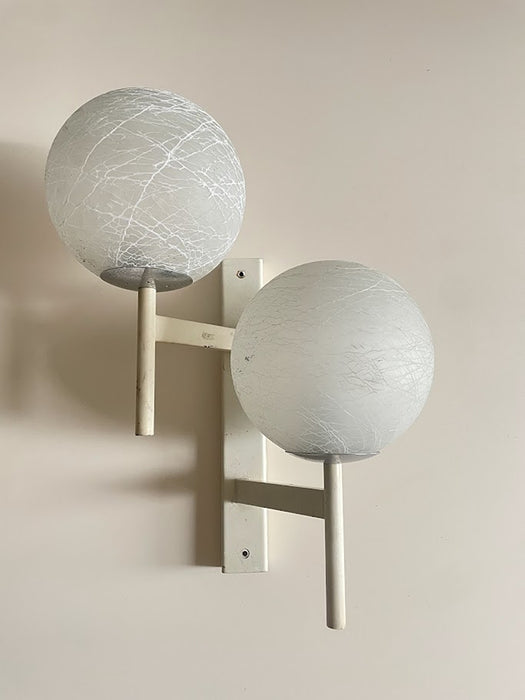 1960s Swiss Mid-Century Double Globe Wall Sconce – Crackle Opaline Glass Pair