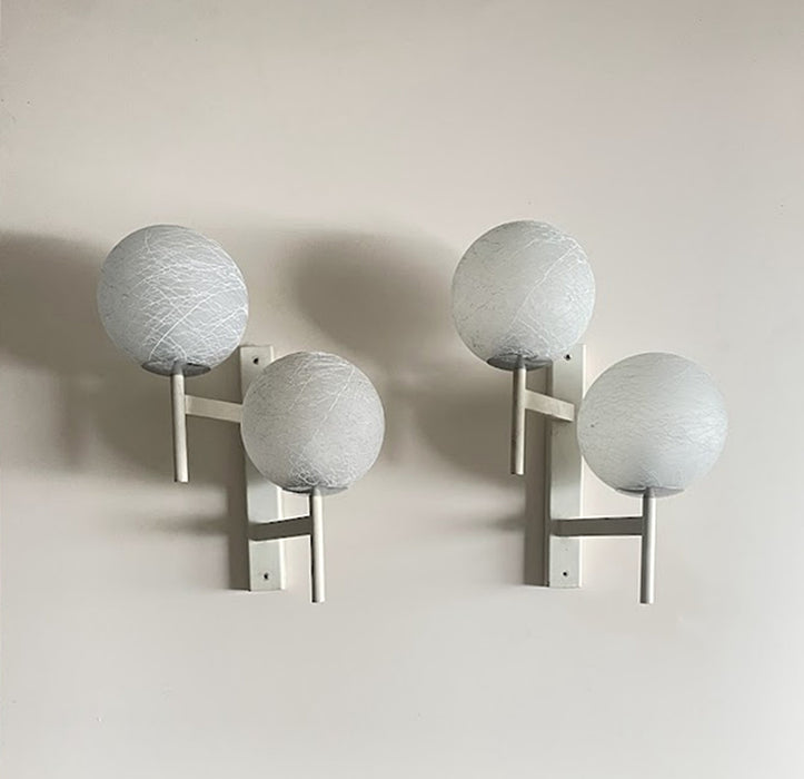1960s Swiss Mid-Century Double Globe Wall Sconce – Crackle Opaline Glass Pair
