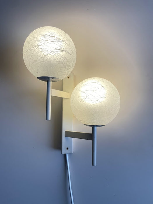 1960s Swiss Mid-Century Double Globe Wall Sconce – Crackle Opaline Glass Pair