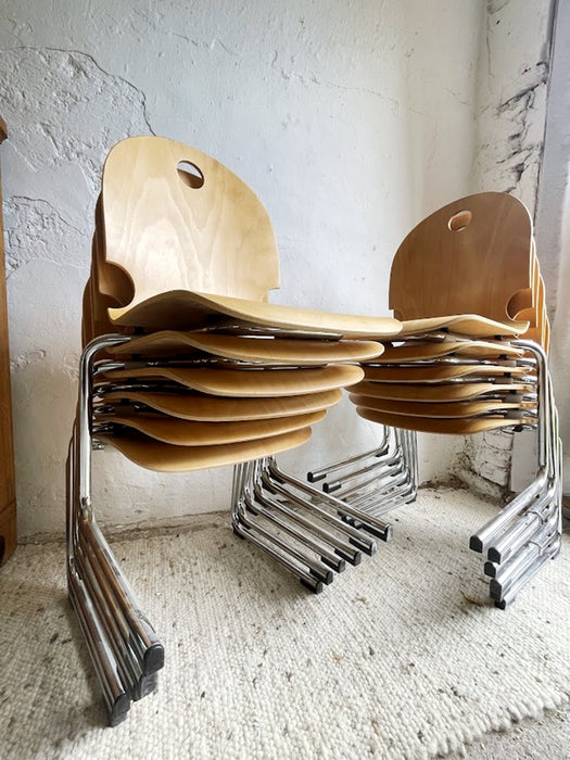 Mid-Century Stacking Chair Bentwood and Chrome France 1980s