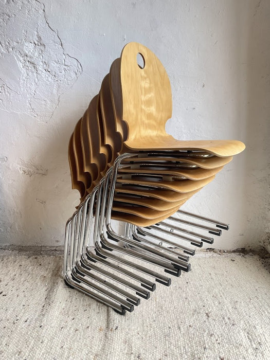 Mid-Century Stacking Chair Bentwood and Chrome France 1980s