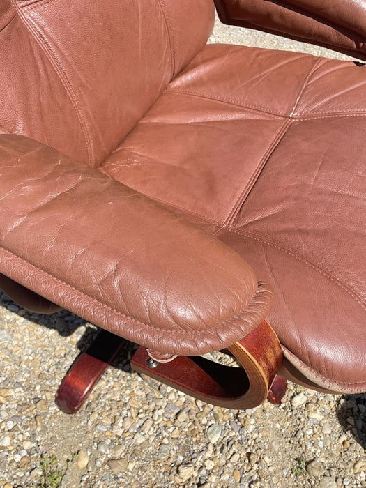 Scandinavian Brown Leather Recliner Lounge Chair with Ottoman, circa 1990